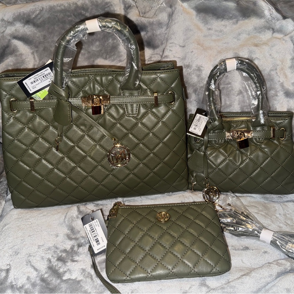 Badgley Mischka Quilted Olive Green Satchel Set w/Wristlet